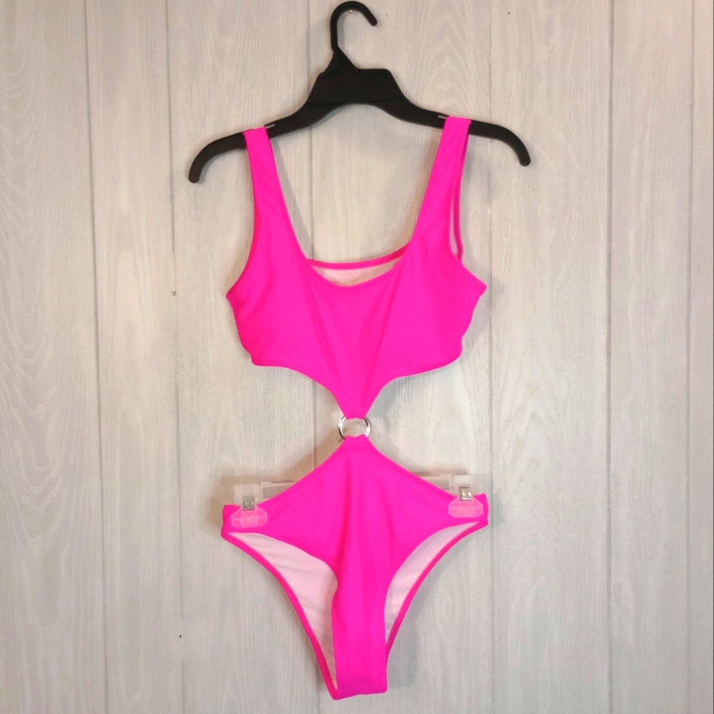 Cut Out Waist Ring One Piece Swimsuit & Bodysuit in Neon Pink